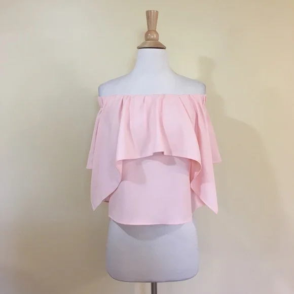 Blush Romantic Ruffled Overlay Split Sleeve Off Shoulder Blouse - Picture 4 of 7